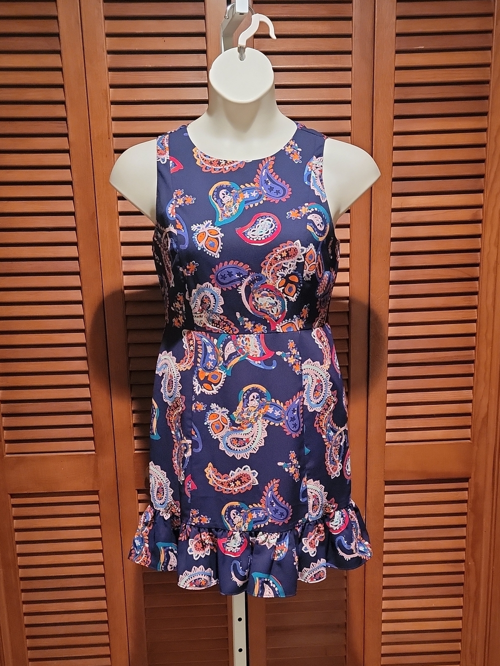 METAPHOR WOMEN'S NAVY  PAISLEY SLEEVELESS DRESS WITH RUFFLE HEM